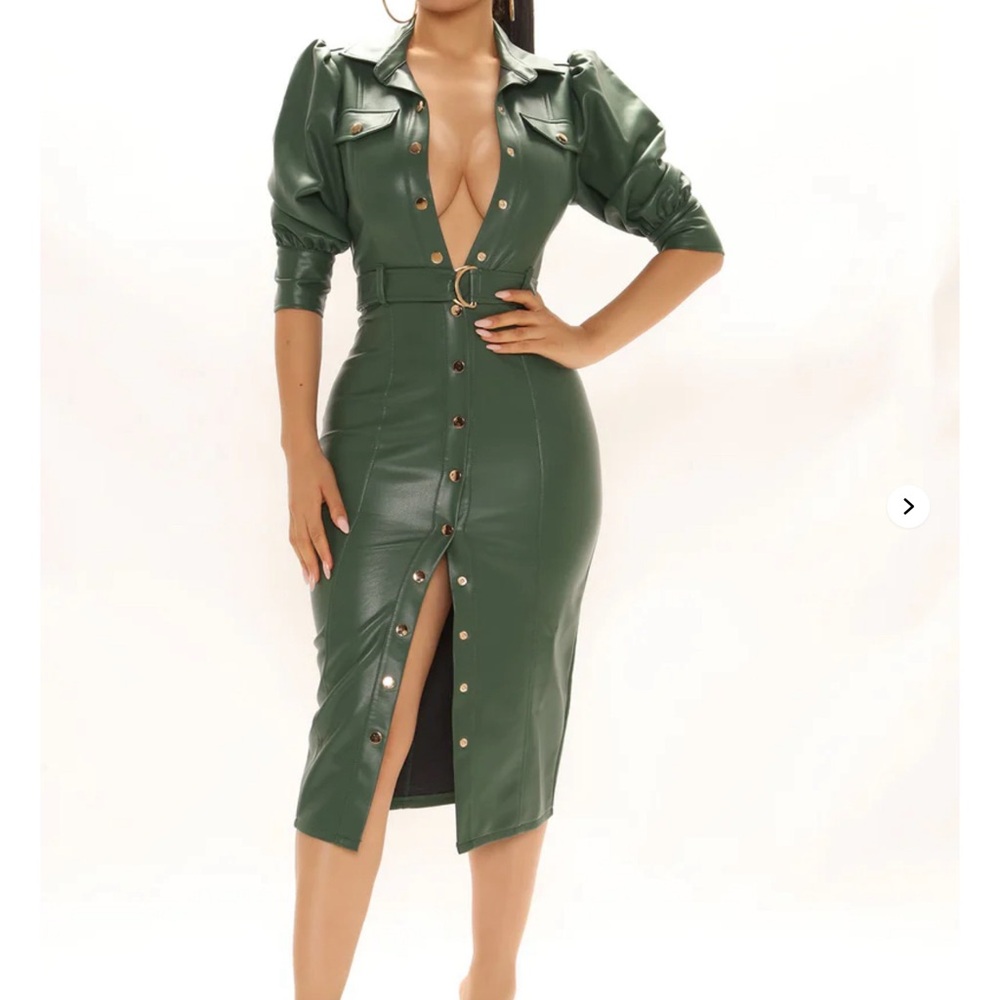 Fashion Nova Deep Green Faux Leather Midi Dress